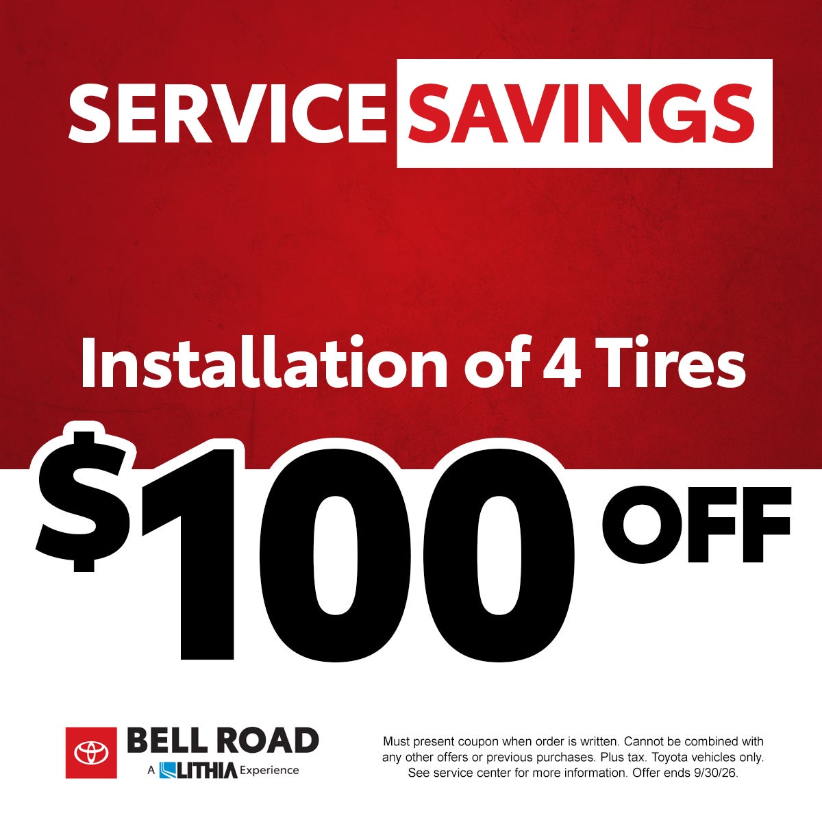 Installation of 4 Tires - $100 Off